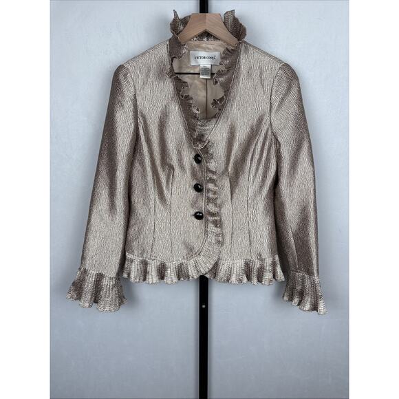 Vintage Victor Costa Jacket Women's 4 Gold Metallic Ruffle Trim 90s Maximalist - Picture 1 of 10